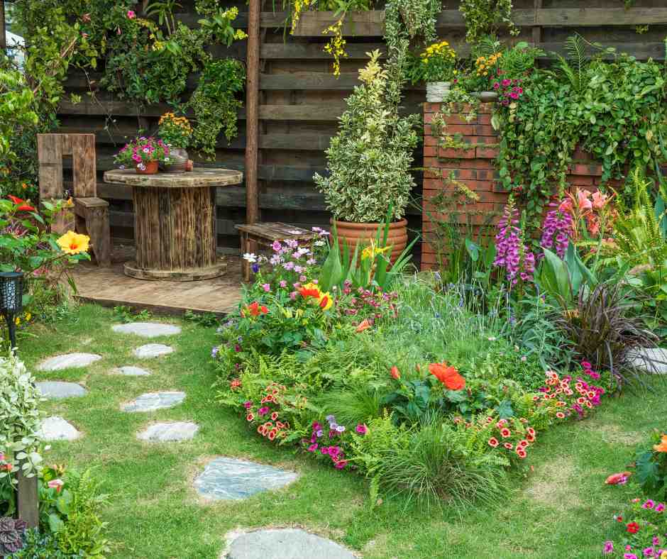 Lush backyard garden with a stone path leading to a rustic wooden table surrounded by colorful flowers and greenery.